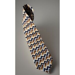 Brandini Le Collezioni Neckwear Tie Gold Black  Geometric Zigzag Silk USA JBHS